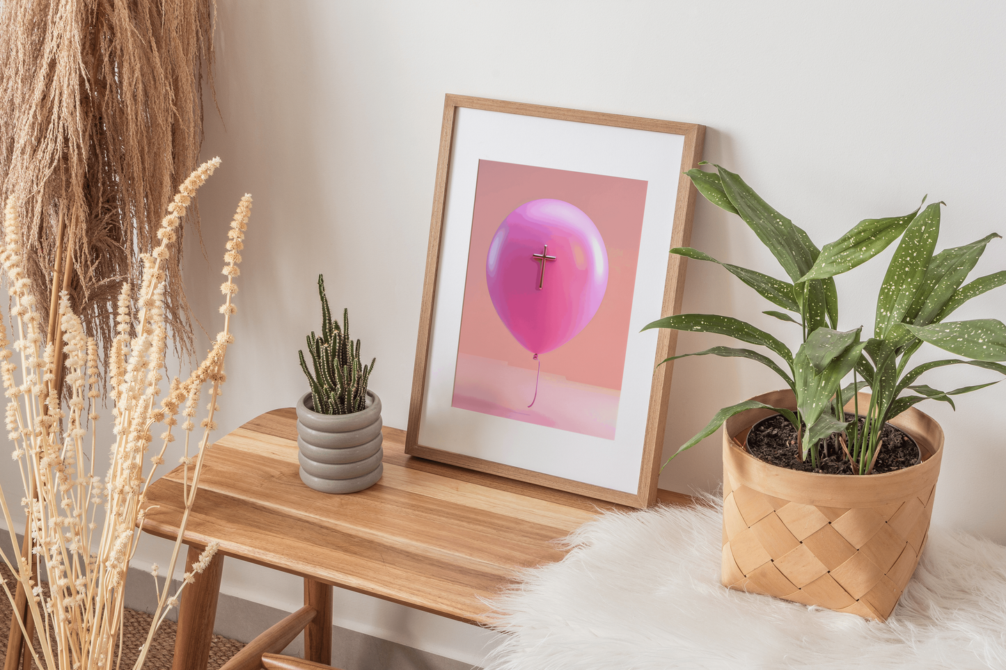 Pink Balloon with Cross Poster - Christian Wall Art